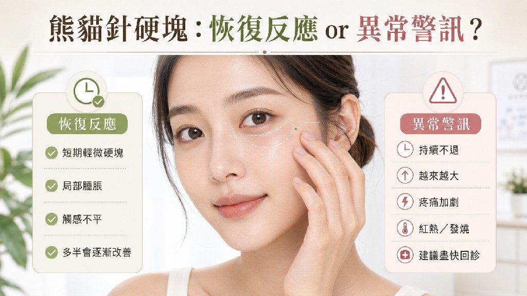 女性觀察眼周狀態，說明熊貓針硬塊恢復反應與異常警訊判斷的醫美圖