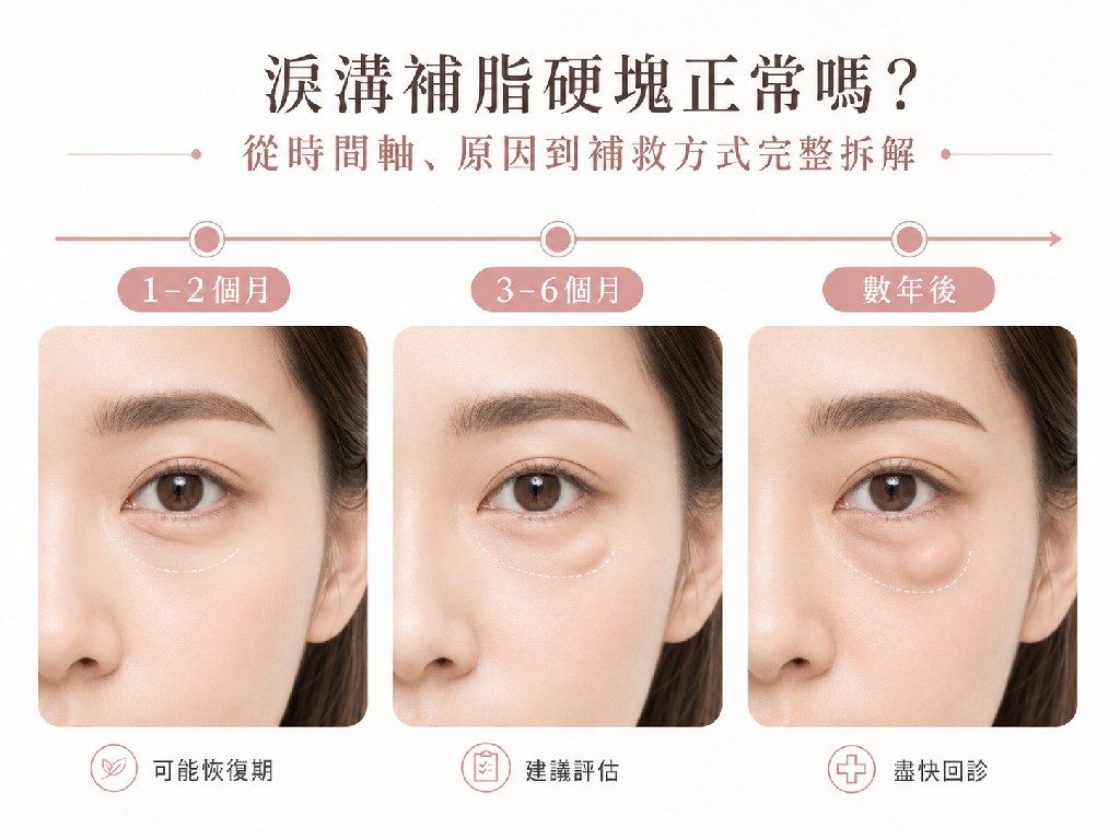 淚溝補脂硬塊恢復時間軸示意圖,對比術後一至兩個月、三至六個月與數年後的判斷重點。