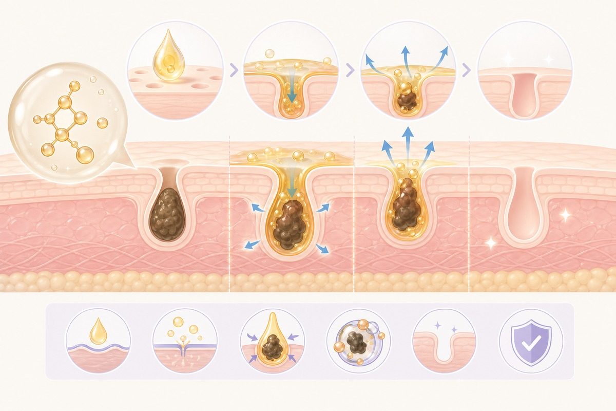 水楊酸脂溶性深入毛孔清潔油脂的作用示意圖