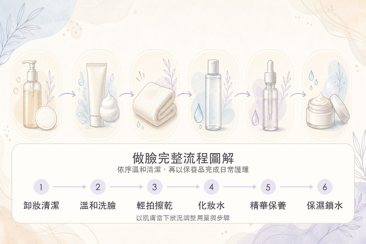 做臉完整流程示意圖，依序呈現卸妝清潔、去角質、蒸臉軟化毛孔、清粉刺、導入舒緩與保濕鎖水六個步驟