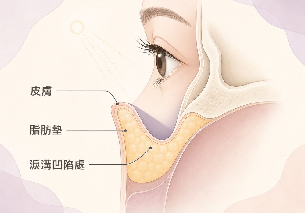 眼周結構與淚溝形成示意圖：皮膚、脂肪墊、淚溝凹陷處