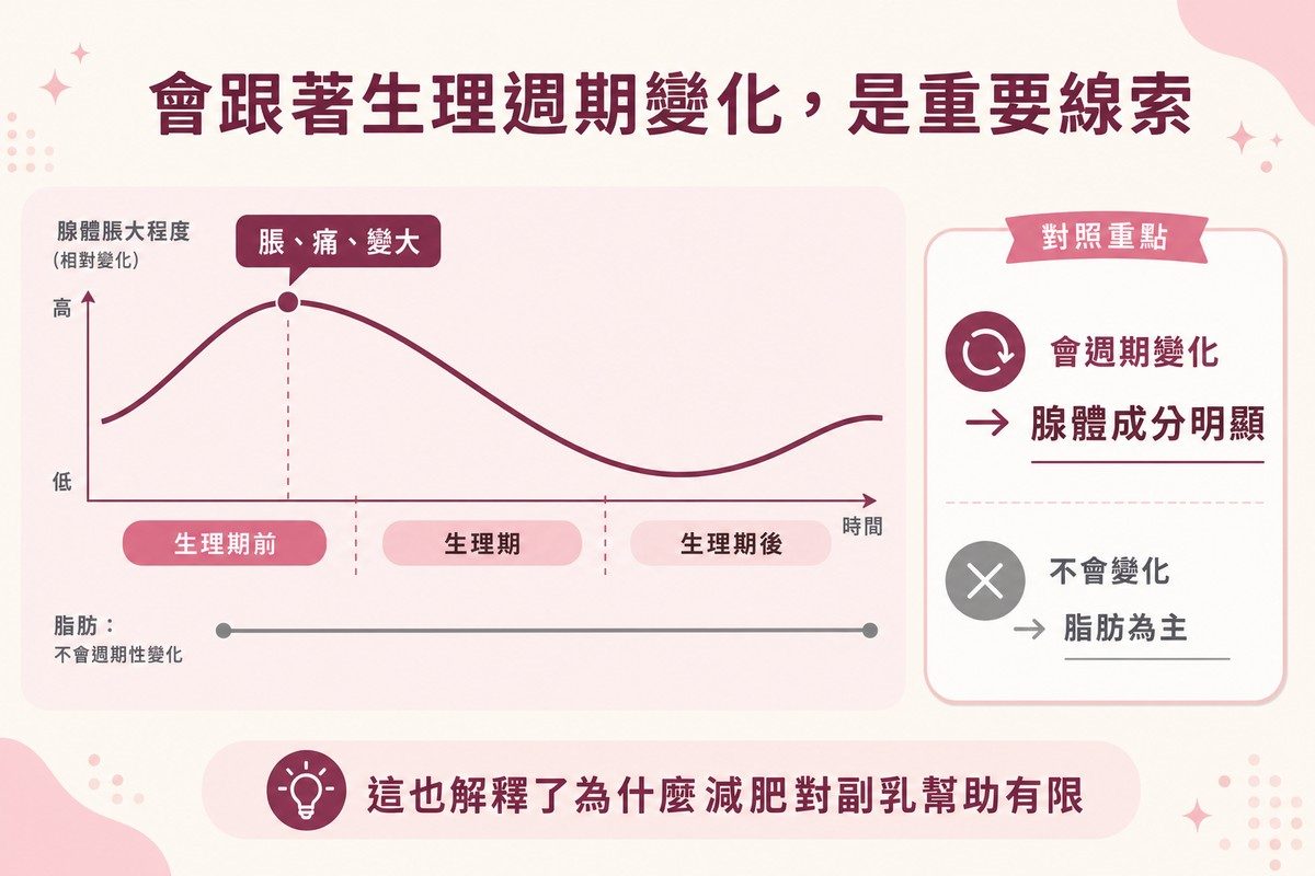 月週期時間軸上方為腺體脹大程度曲線並在生理期前達到高峰,下方為脂肪的平直參考線