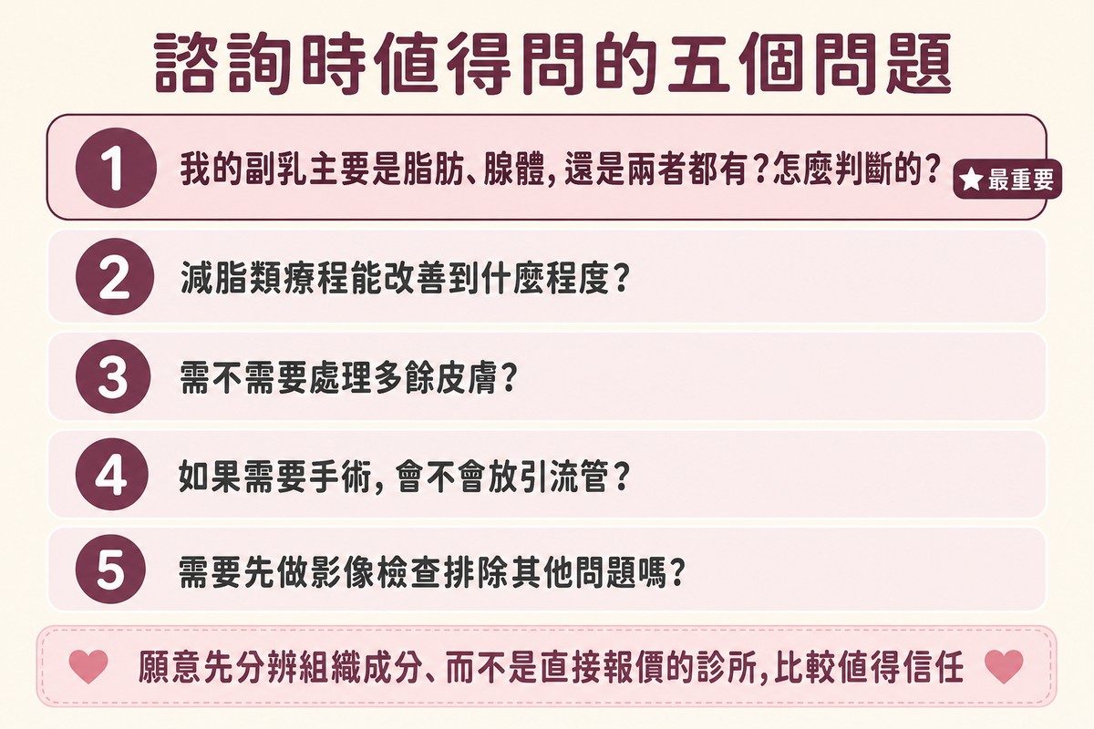 編號清單列出五個諮詢問題，第一項為判斷組織成分並標示為最重要