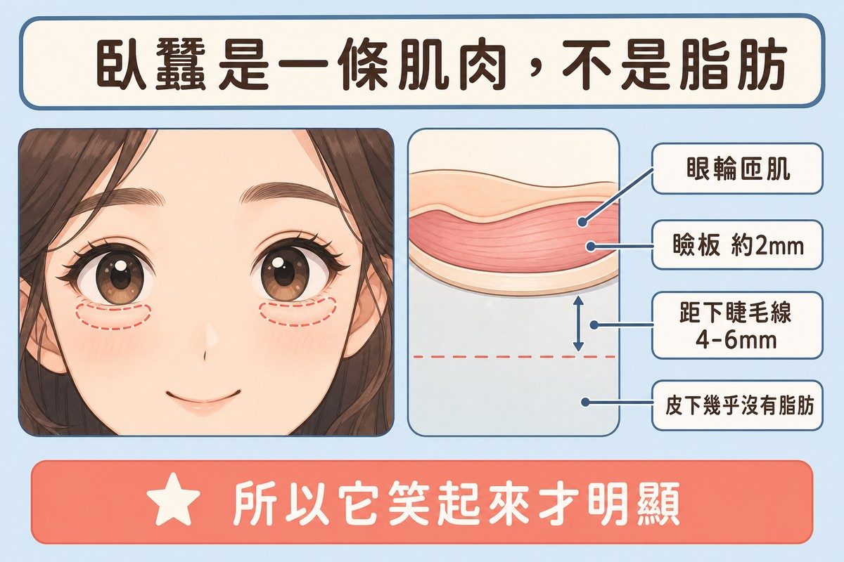 Q版女性眼部特寫，下睫毛下方以虛線圈出臥蠶位置；右側為放大剖面，標示眼輪匝肌、瞼板約2mm、距下睫毛線4-6mm、皮下幾乎沒有脂肪