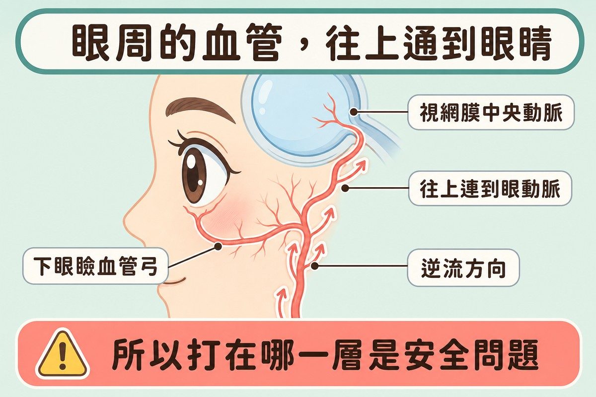 眼部側面示意圖，珊瑚色血管線由下眼瞼往上連向眼球，箭頭標示逆流方向
