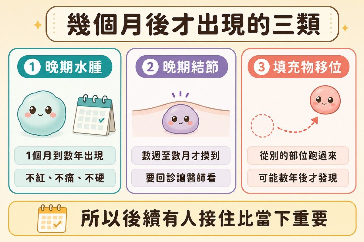 三張並排卡片,分別以藍綠、薰衣草、珊瑚標示晚期水腫、晚期結節、填充物移位三類