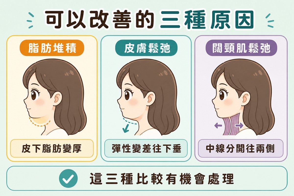 三張並排卡片,分別以琥珀、藍綠、薰衣草標示脂肪堆積、皮膚鬆弛、闊頸肌鬆弛,各配一張側臉示意
