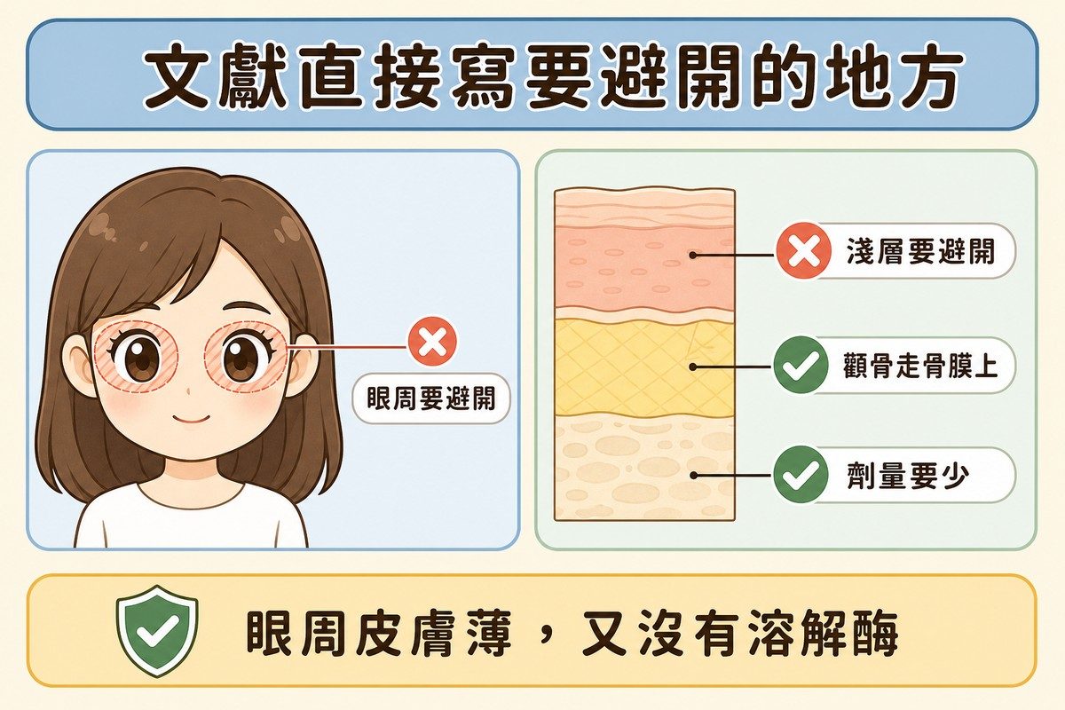 左側Q版正面臉部以珊瑚色網點標出眼周並加叉號,右側皮膚剖面以叉號標示淺層、以綠勾標示較深層次,並標註顴骨走骨膜上、劑量要少