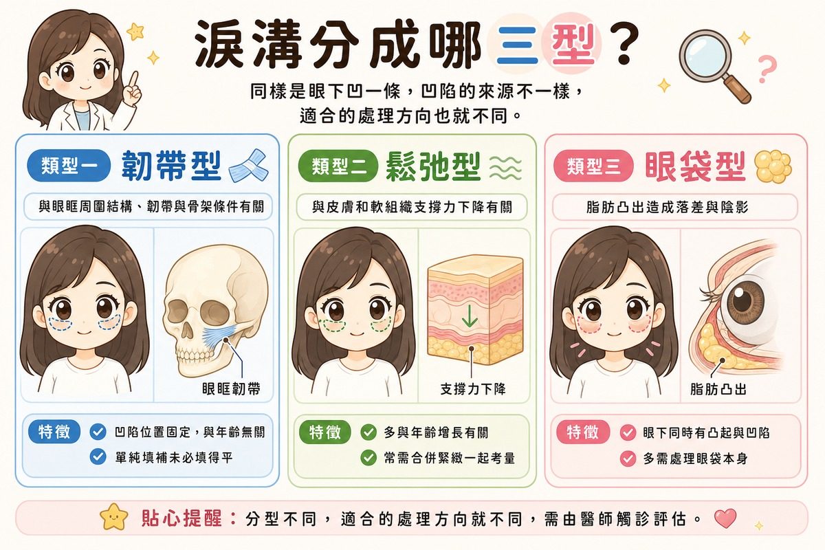 淚溝三種型態對照圖，比較韌帶型、鬆弛型、眼袋型各自的凹陷主因與處理方向差異