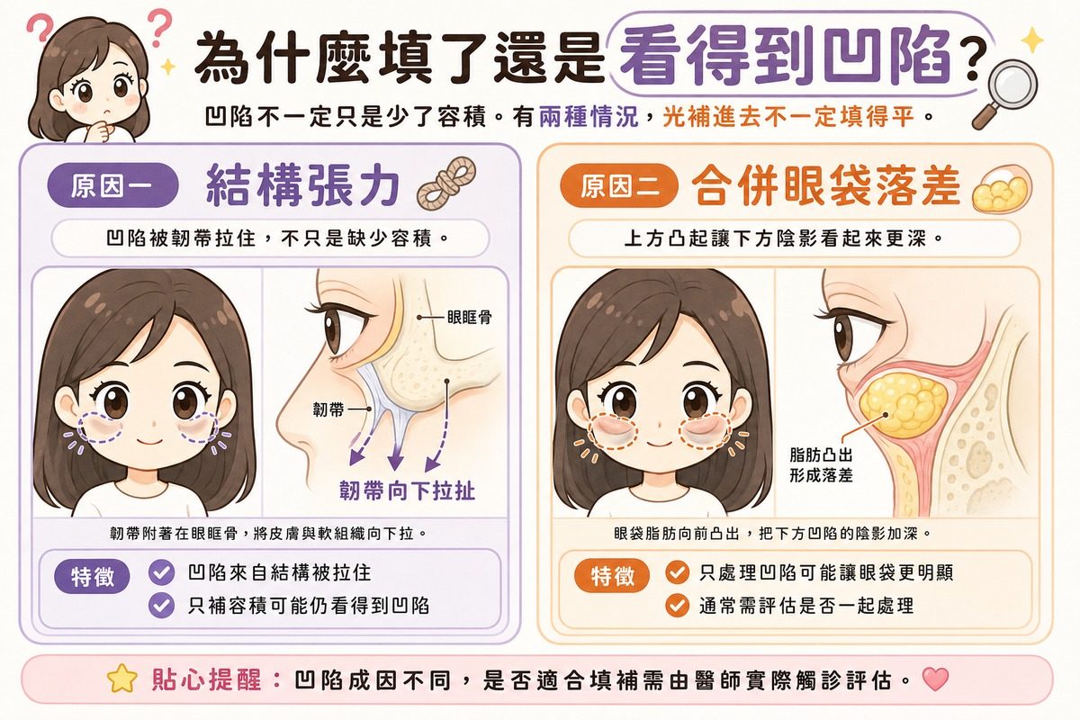 韌帶型淚溝填補效果受限的兩個原因示意圖，說明韌帶結構張力與合併眼袋落差