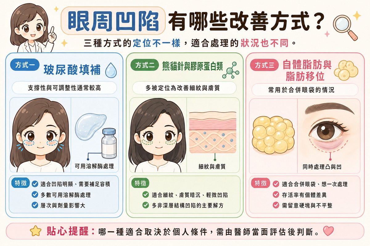 眼周凹陷三種常見改善方式的定位對照圖，比較玻尿酸填補、熊貓針與膠原蛋白類產品、自體脂肪與脂肪移位各自適合的狀況