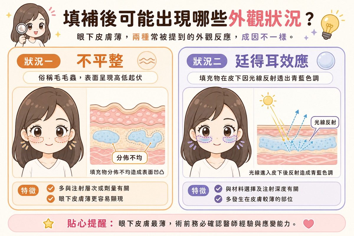 淚溝填補兩種常見外觀不良反應示意圖，說明不平整（俗稱毛毛蟲）與廷得耳效應的成因與外觀差異