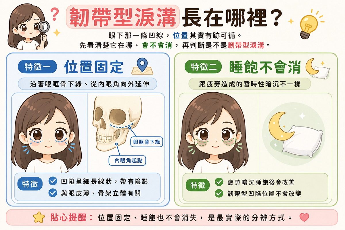 韌帶型淚溝位置示意圖，標示眼眶骨下緣、內眼角起點與向外延伸的細長凹陷，並對照疲勞造成的暫時性眼下暗沉