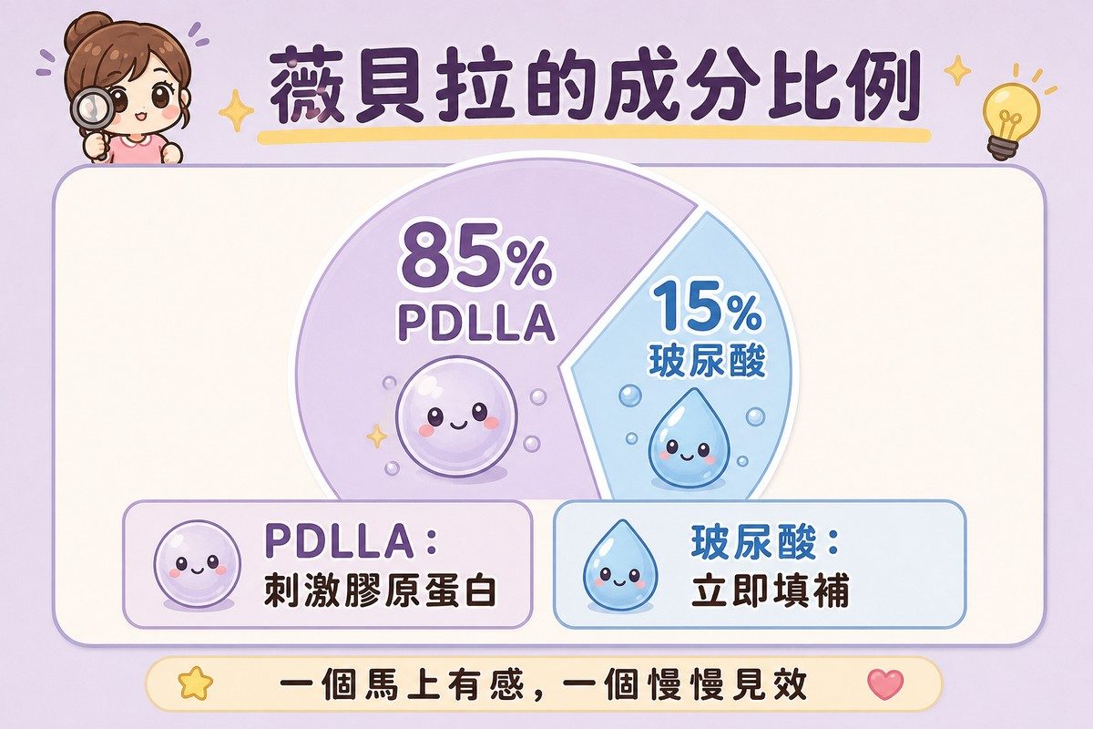 一張圓餅圖卡片,畫出85%PDLLA與15%玻尿酸兩個色塊比例,下方分別說明PDLLA刺激膠原蛋白、玻尿酸立即填補