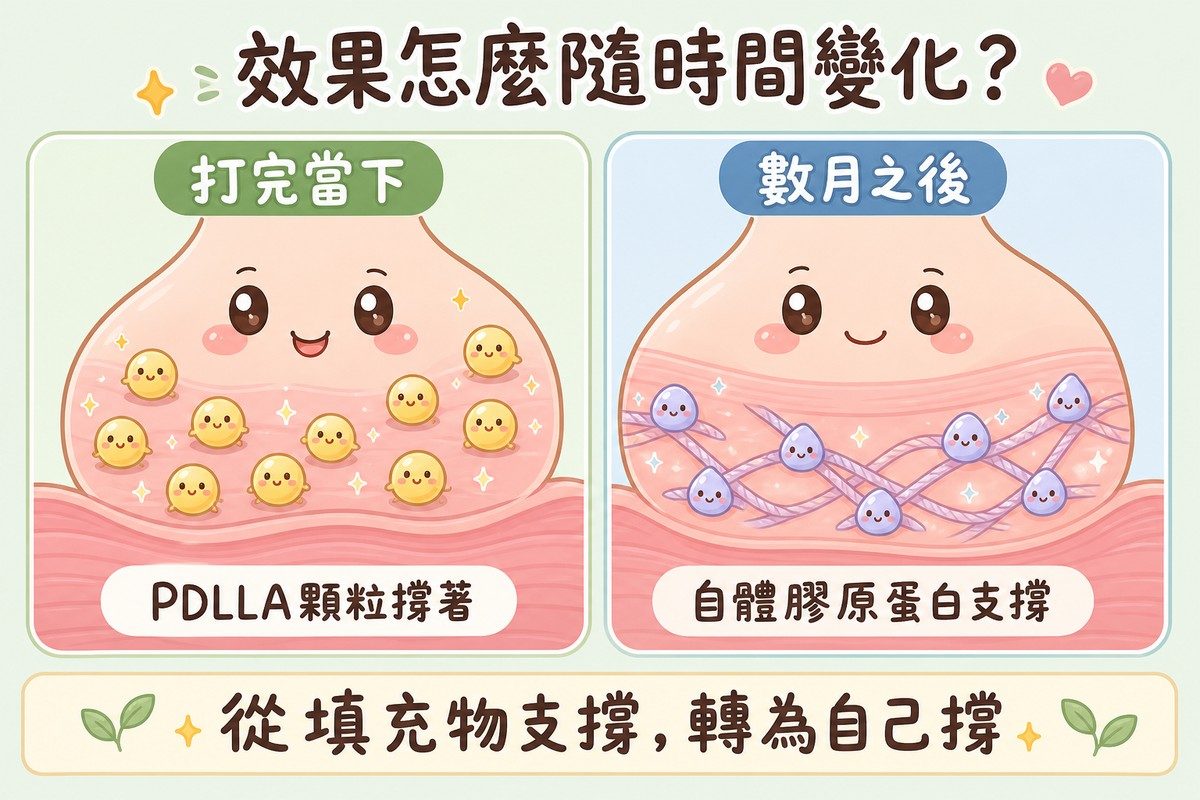 左右兩格對照圖,左邊標示打完當下,畫出臉頰澎潤、旁邊寫著PDLLA顆粒撐著;右邊標示數月之後,畫出同樣澎潤的臉頰但底下多了膠原蛋白絲狀圖示,寫著自體膠原蛋白支撐