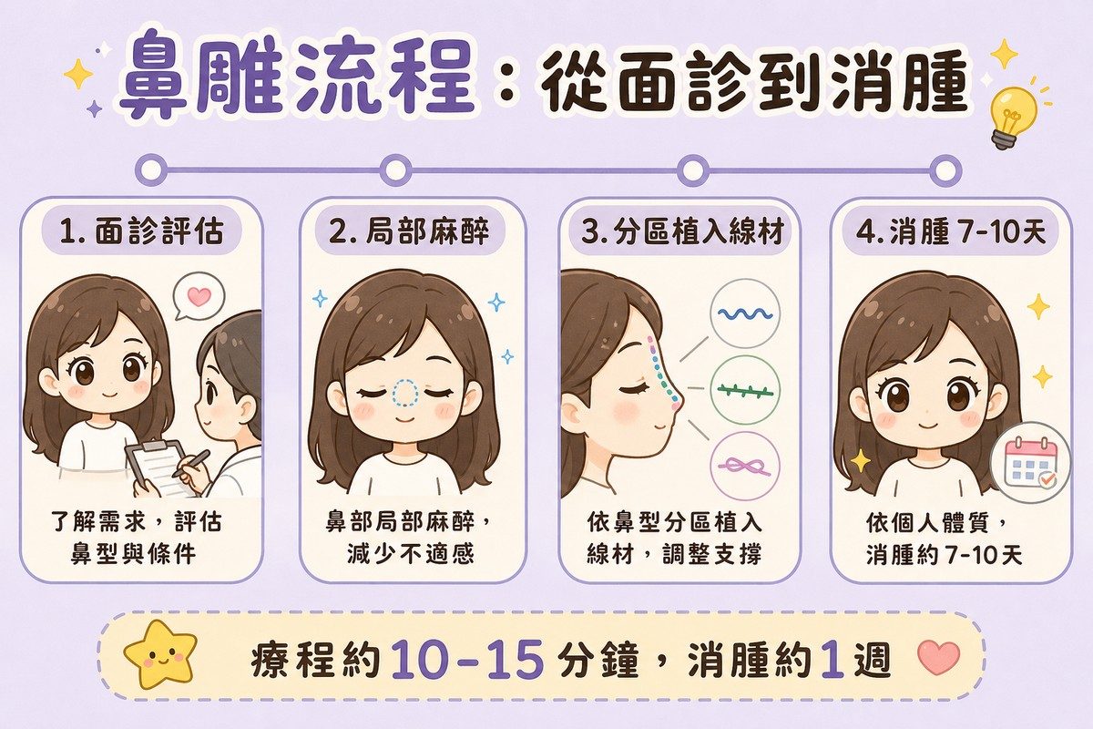 橫向時間軸畫出面診評估、局部麻醉、分區植入線材、消腫7到10天這四個步驟卡片，各配一個簡化小圖示
