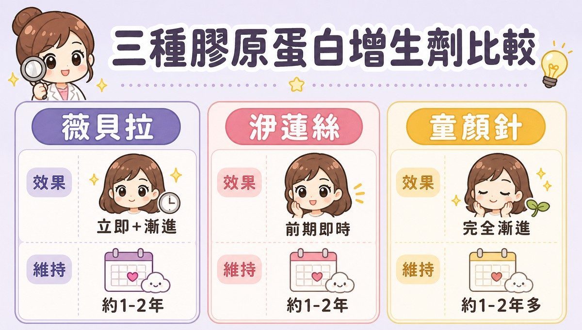 三欄比較表,分別是薇貝拉、洢蓮絲、童顏針,各列出效果呈現與維持時間兩個項目