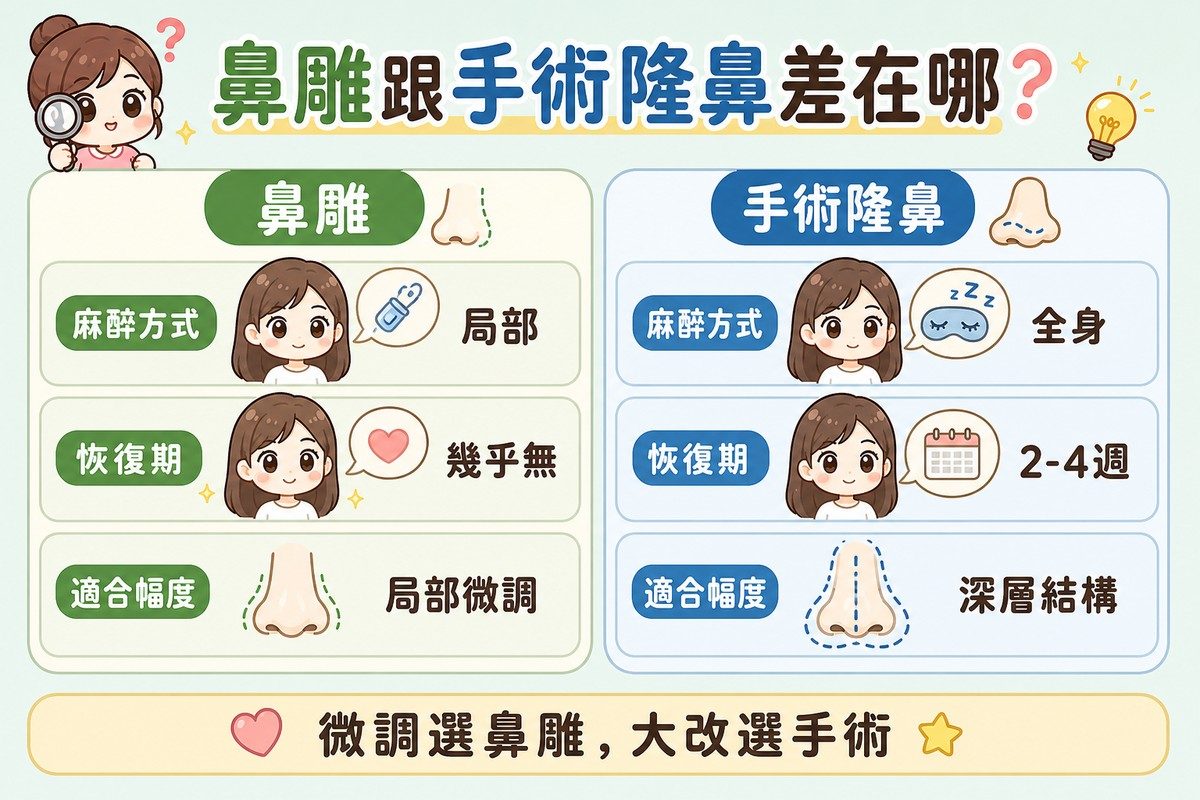 左右兩欄比較表，左欄鼻雕、右欄手術隆鼻，各列出麻醉方式、恢復期、適合幅度三個項目與對應圖示