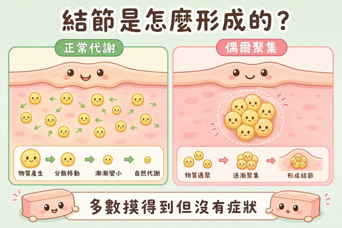 左右兩格對照圖,左邊標示正常代謝,畫出顆粒角色平均分布在皮膚層下方逐漸縮小;右邊標示偶爾聚集,畫出幾個顆粒角色聚在一起形成一個小圓形隆起,旁邊有中性提示圈標示
