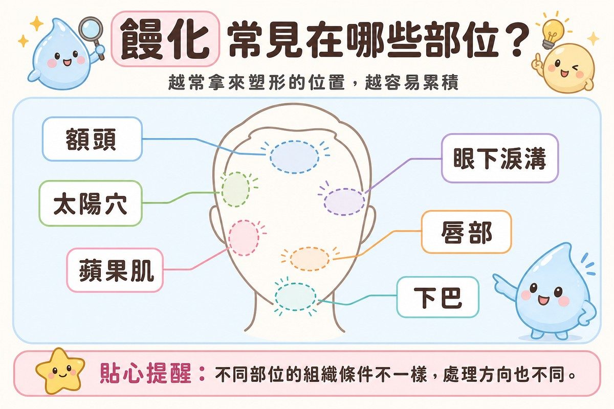 饅化常見部位示意圖:額頭、太陽穴、蘋果肌、眼下淚溝、下巴、唇部