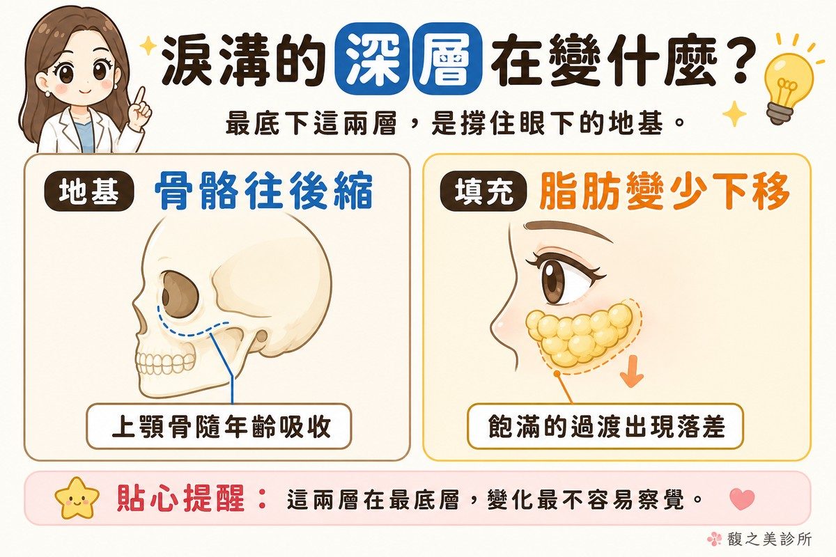 圖解淚溝最深的骨骼與脂肪兩層變化:上顎骨隨年齡吸收後縮,深層脂肪變少並往下位移