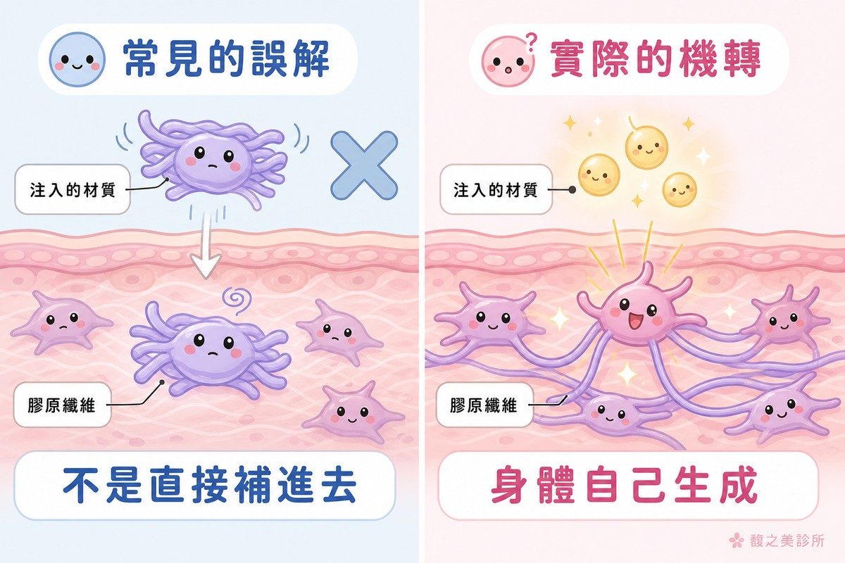 膠原蛋白針的作用機轉——不是把膠原蛋白直接注入，而是刺激身體自己生成