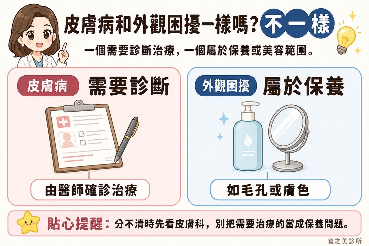 衛教資訊圖，頂端標題寫「皮膚病和外觀困擾一樣嗎？」。左卡標「皮膚病·需要診斷」，畫問診記錄板搭配一支筆，標註「由醫師確診治療」；右卡標「外觀困擾·屬於保養」，畫保養瓶身搭配一面小鏡子，標註「如毛孔或膚色」。