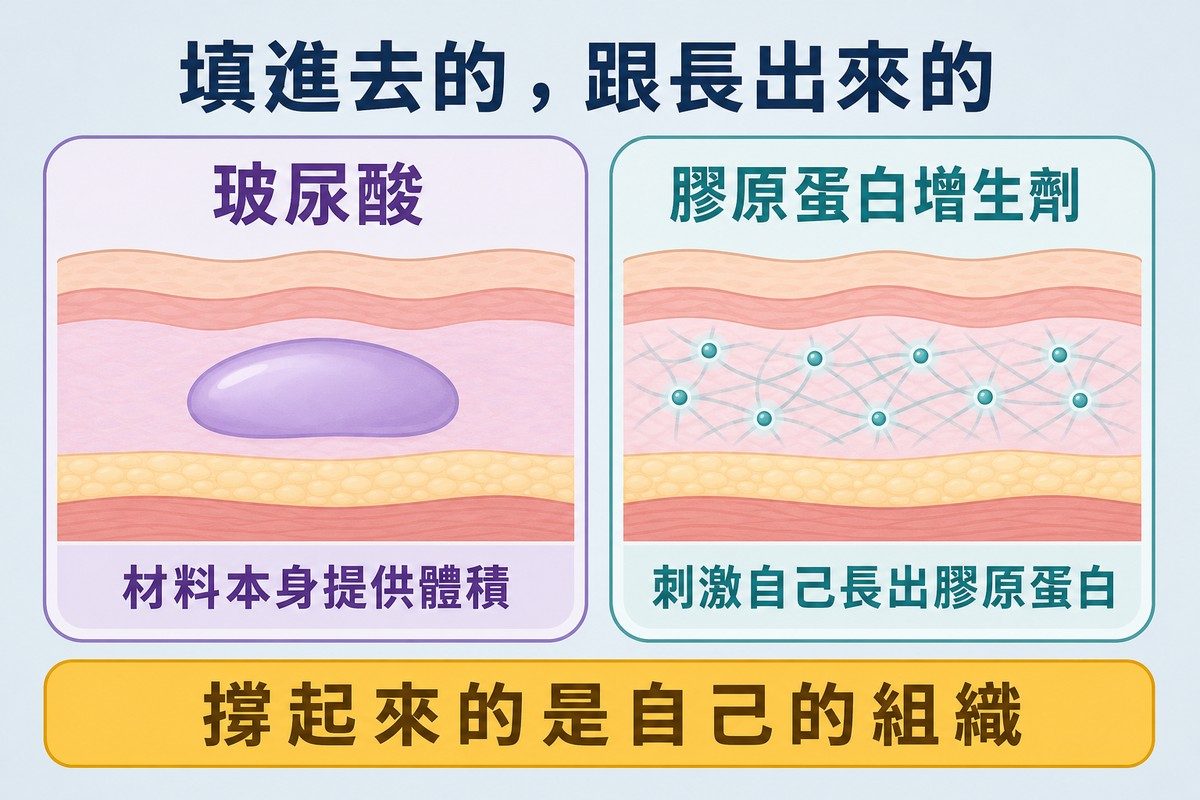 左側玻尿酸由材料本身提供體積，右側增生劑刺激自身長出膠原蛋白並形成網絡