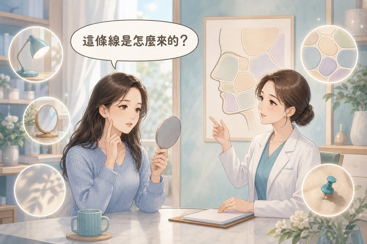 臉部輪廓其實是光影——陰影多半是韌帶，鼓起來的是脂肪墊