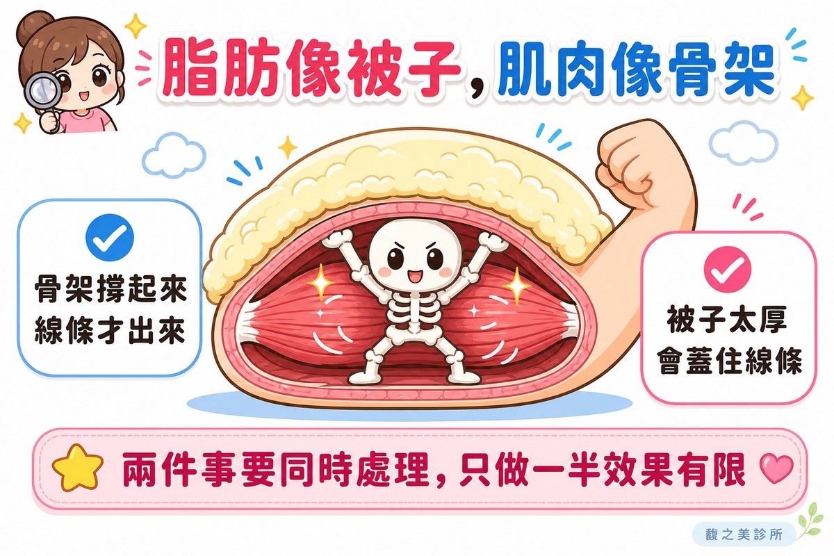 脂肪像蓋在肌肉上的被子，肌肉像底下的骨架