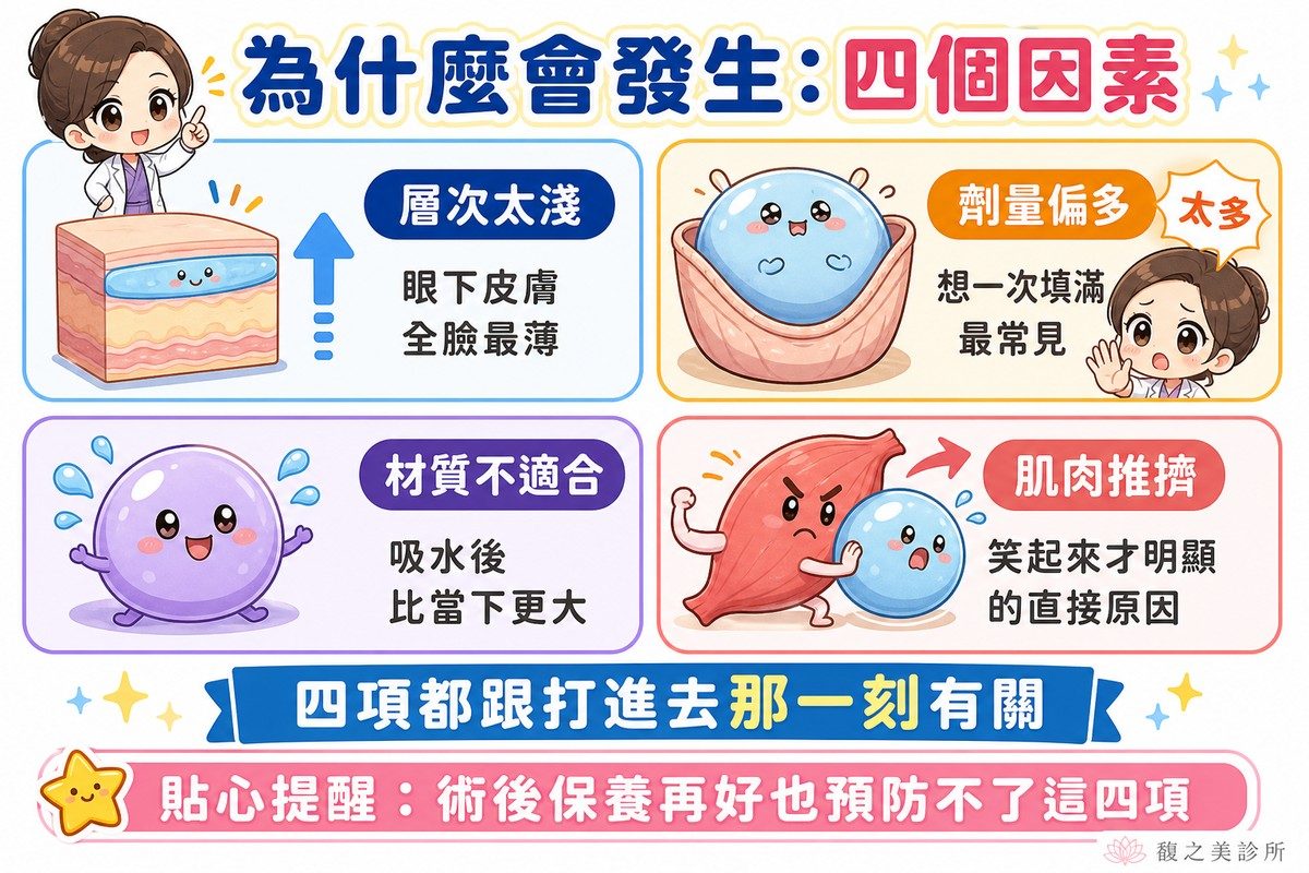 層次太淺、劑量偏多、材質吸水膨脹、眼周肌肉推擠四個常見因素