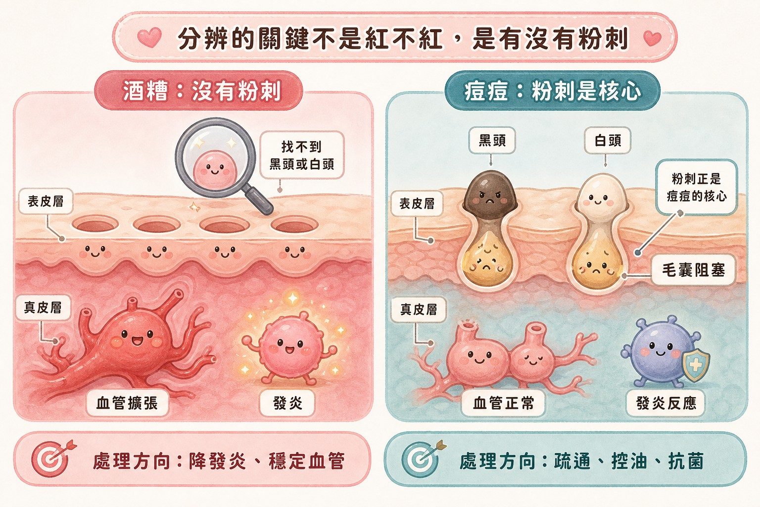 酒糟與痘痘對照:酒糟沒有粉刺,痘痘的核心是毛囊阻塞