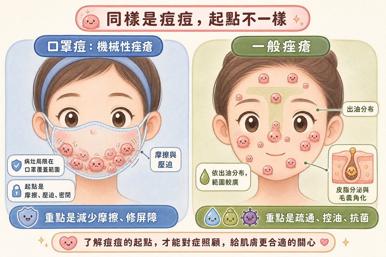 口罩痘與一般痤瘡對照：分布範圍與起點完全不同