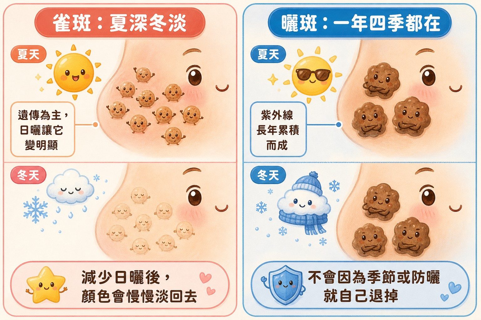 雀斑與曬斑的季節變化對照圖:雀斑夏深冬淡,曬斑一年四季都在