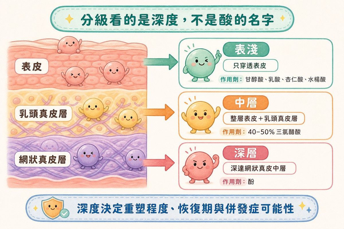 化學煥膚三級深度與對應製劑的分級圖