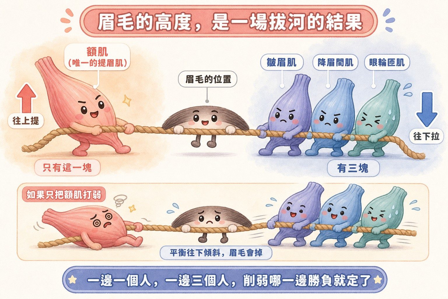 拔河比喻圖：額肌是唯一提眉肌，降眉肌群有三塊