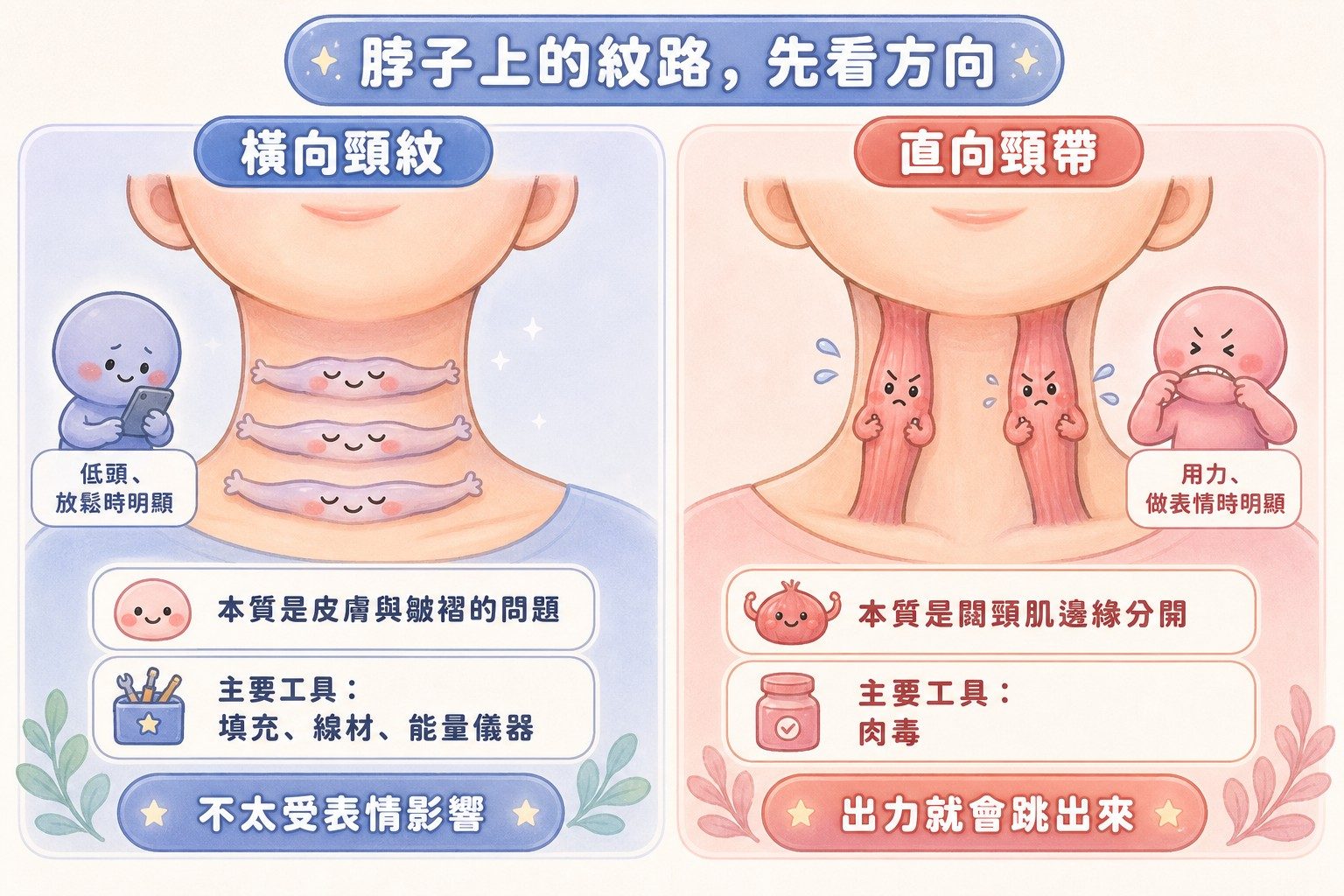橫向頸紋與直向頸帶對照:方向、成因與工具都不同