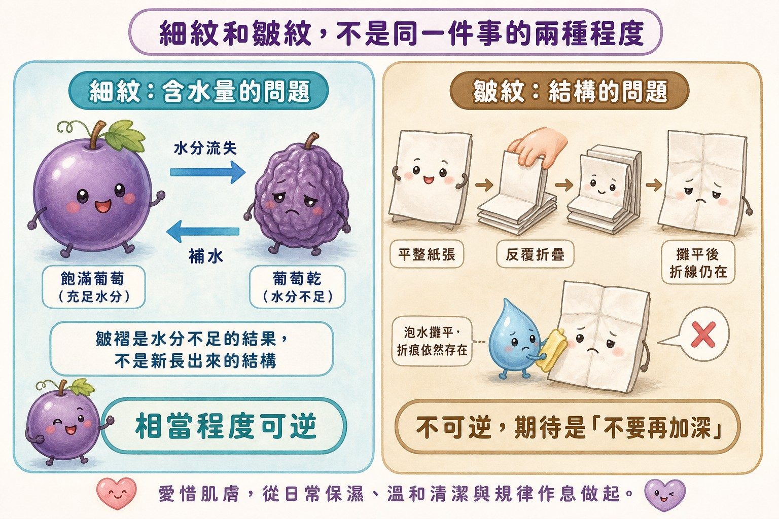 葡萄與葡萄乾比喻圖:細紋是含水量問題可逆,皺紋是結構問題不可逆