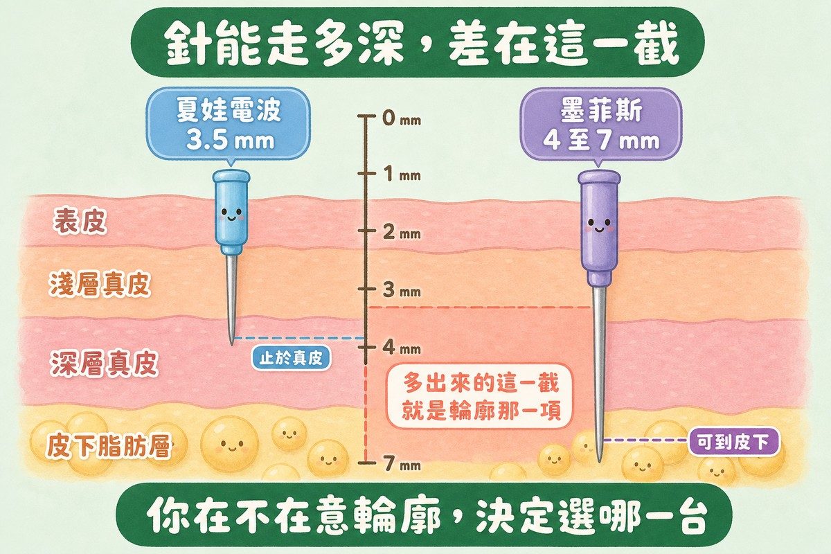 皮膚剖面圖中央有一支深度尺規，左側藍色的夏娃電波針停在 3.5 毫米、標示止於真皮，右側紫色的墨菲斯針穿到皮下脂肪層、標示 4 至 7 毫米，兩者之間的差距區塊標示「多出來的這一截就是輪廓那一項」