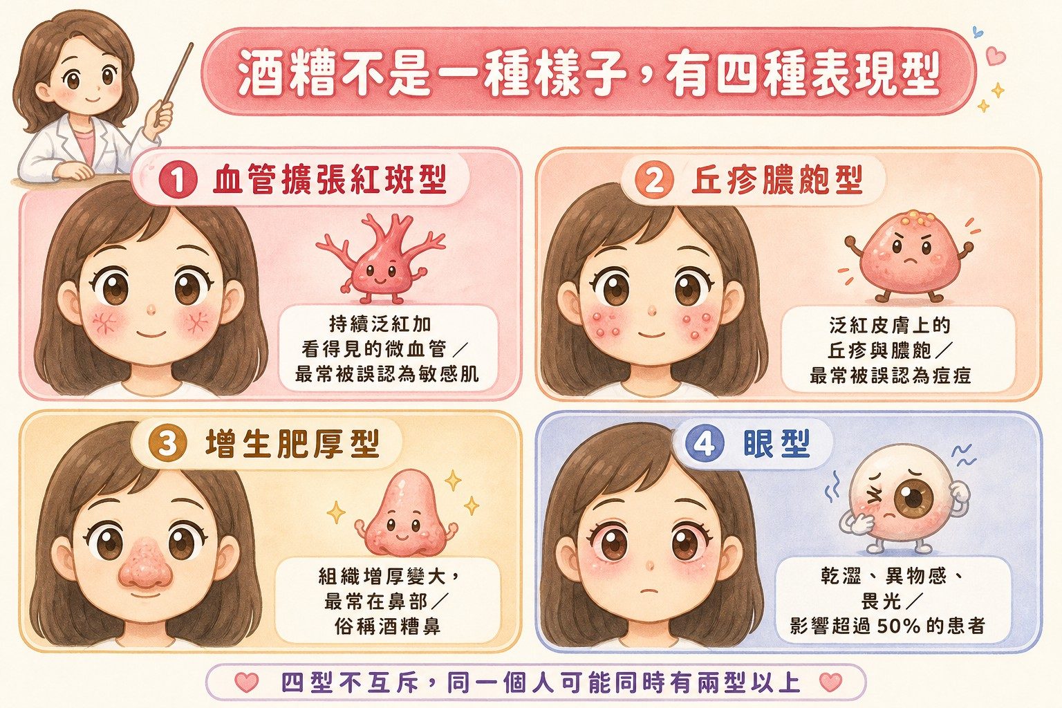 酒糟四種表現型：血管擴張紅斑型、丘疹膿皰型、增生肥厚型、眼型