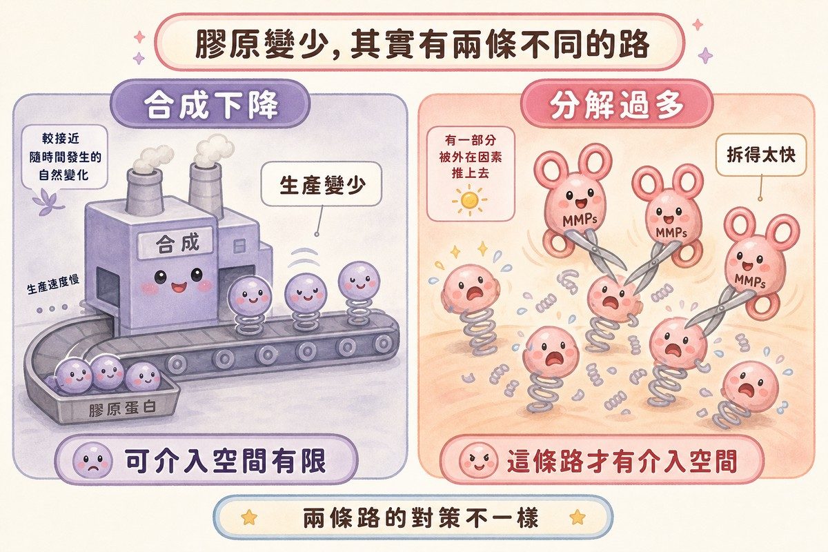 膠原減少的兩個來源：合成下降與MMPs過度分解