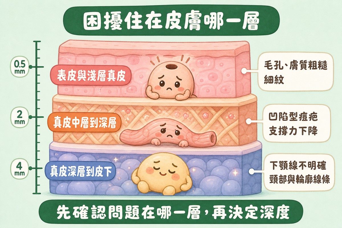 皮膚剖面分成三層:表皮與淺層真皮對應毛孔與膚質粗糙、細紋;真皮中層到深層對應凹陷型痘疤與支撐力下降;真皮深層到皮下對應下顎線不明確與頸部輪廓線條。左側標有 0.5、2、4 毫米的深度尺規