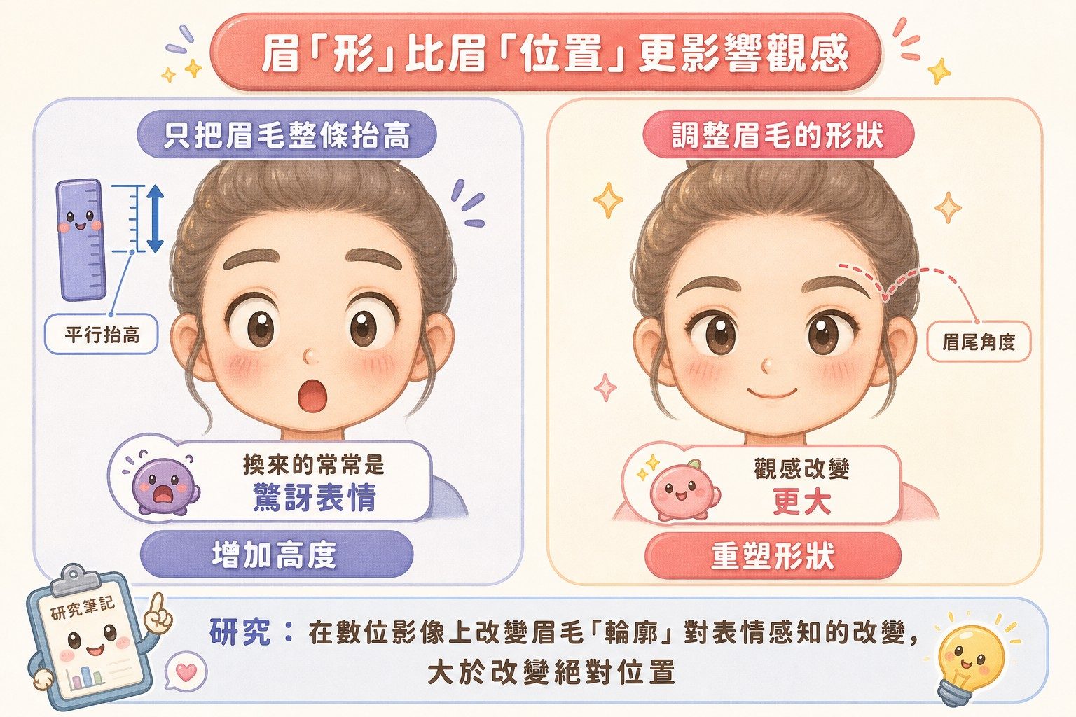 眉毛平行抬高與調整眉形的觀感對照