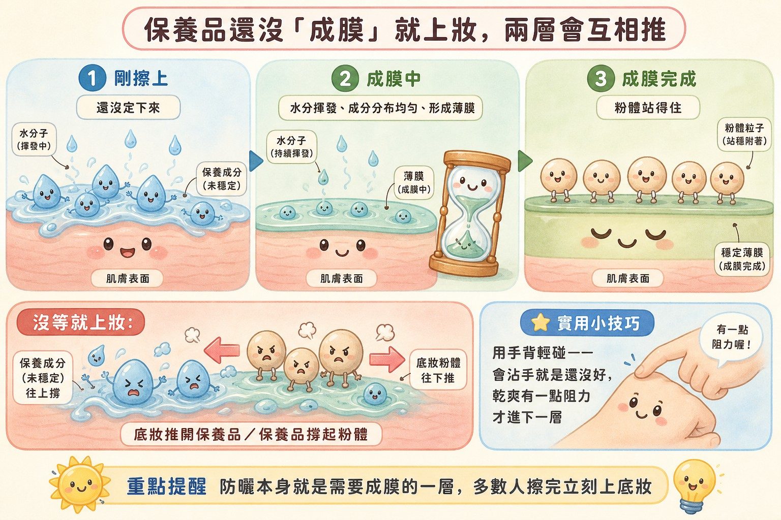 保養品成膜三階段與沒等就上妝的互推示意