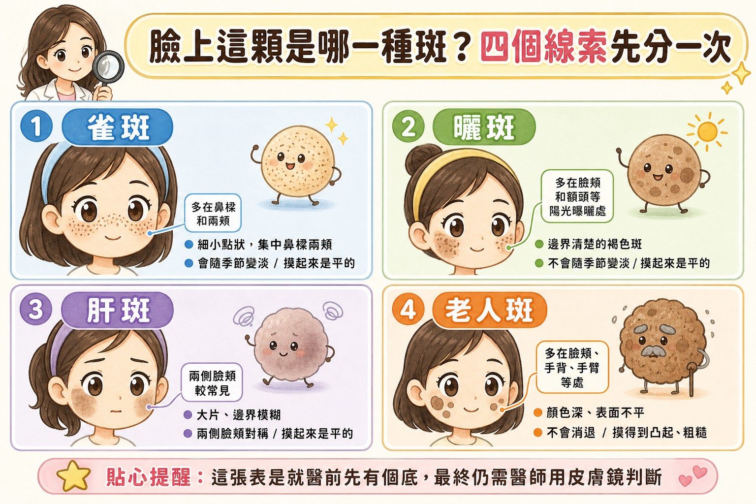 雀斑、曬斑、肝斑、老人斑四種斑點的分辨對照卡片