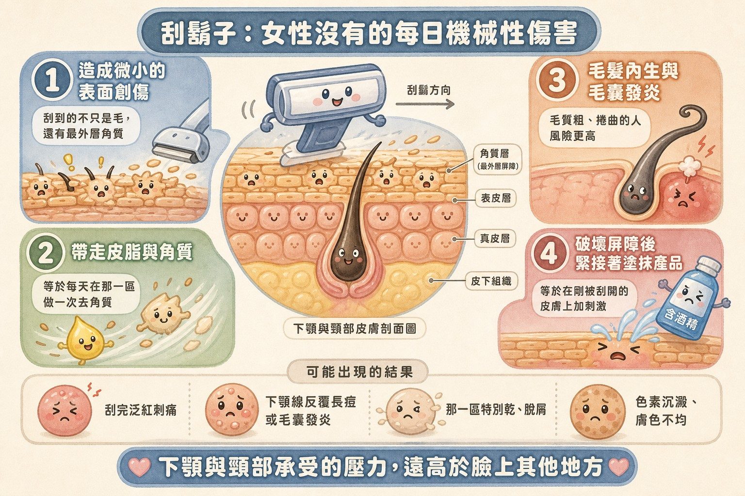 刮鬍子造成的四種同時發生的皮膚傷害
