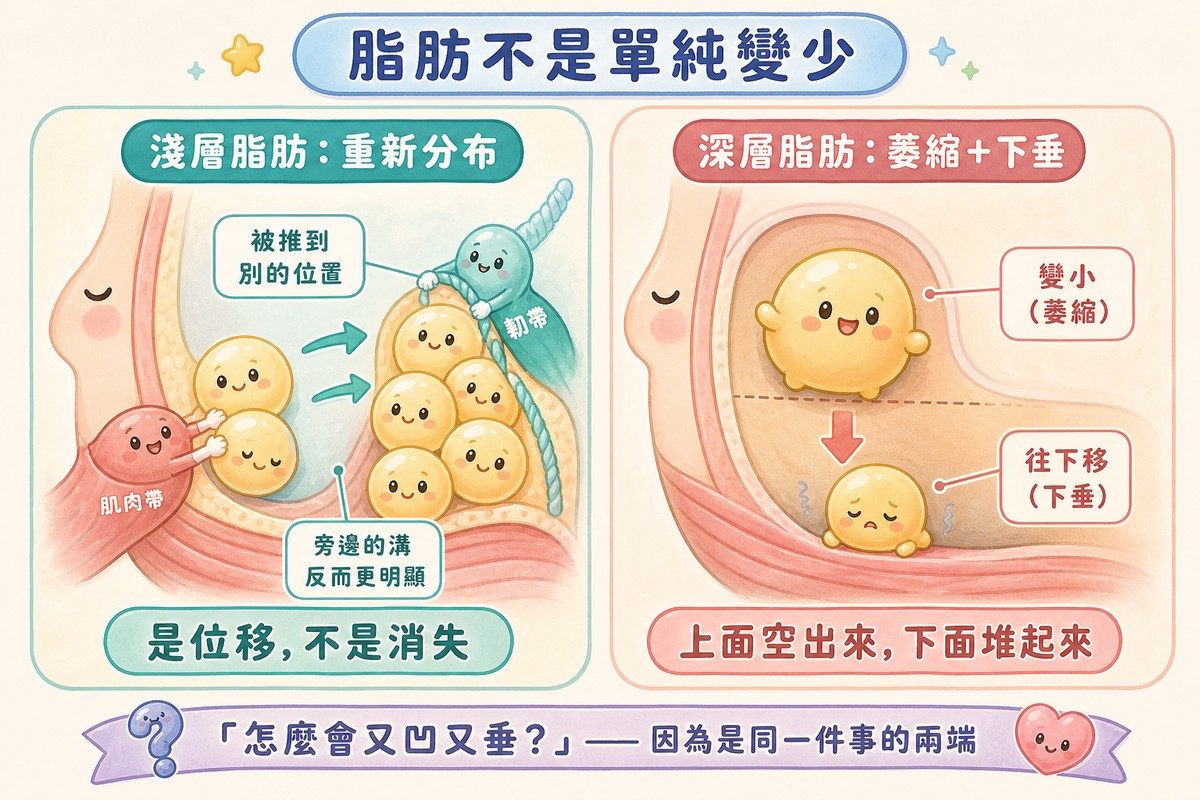 淺層脂肪重新分布與深層脂肪萎縮加下垂的對照