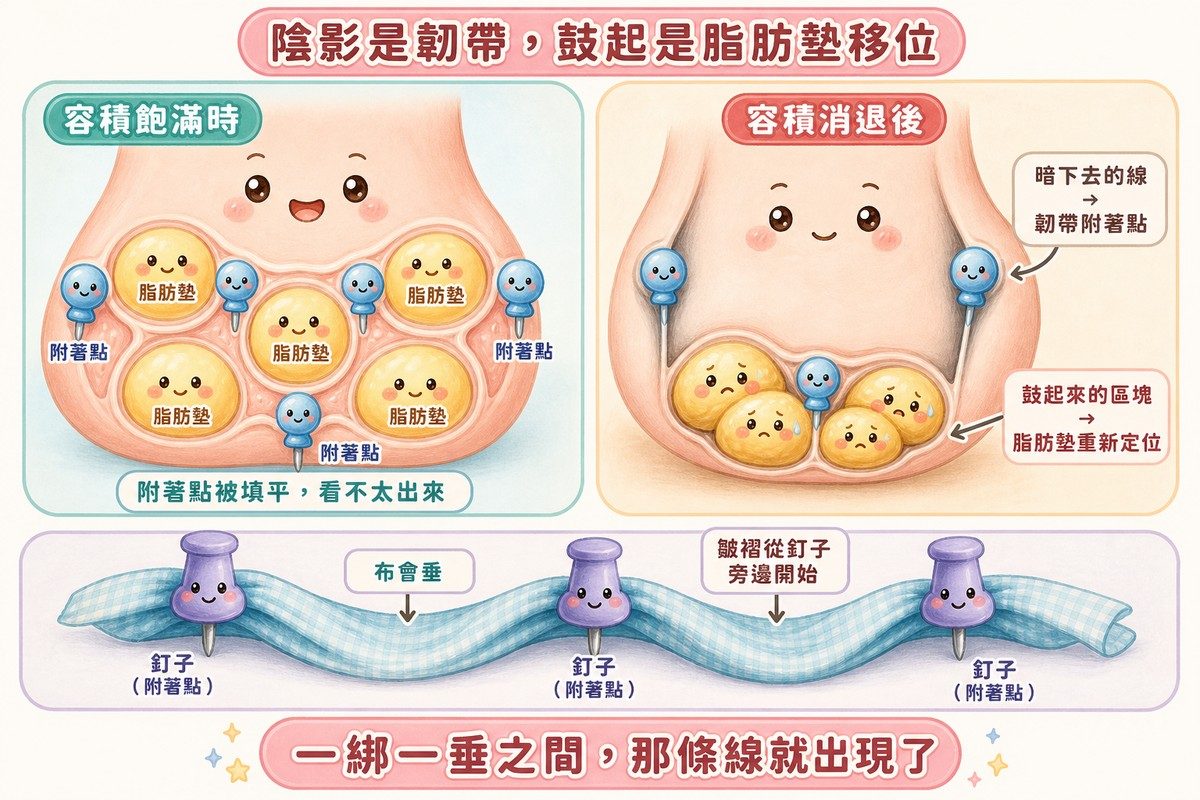 容積飽滿與消退後陰影與鼓起的對照,以及布料圖釘比喻