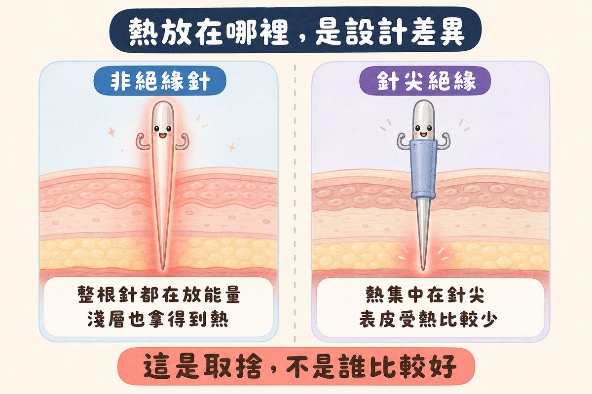 左右對照兩種微針插進皮膚剖面:左邊非絕緣針整根針身都散發熱能,淺層也受熱;右邊針尖絕緣的針上半段包著絕緣套,熱能只集中在針尖處