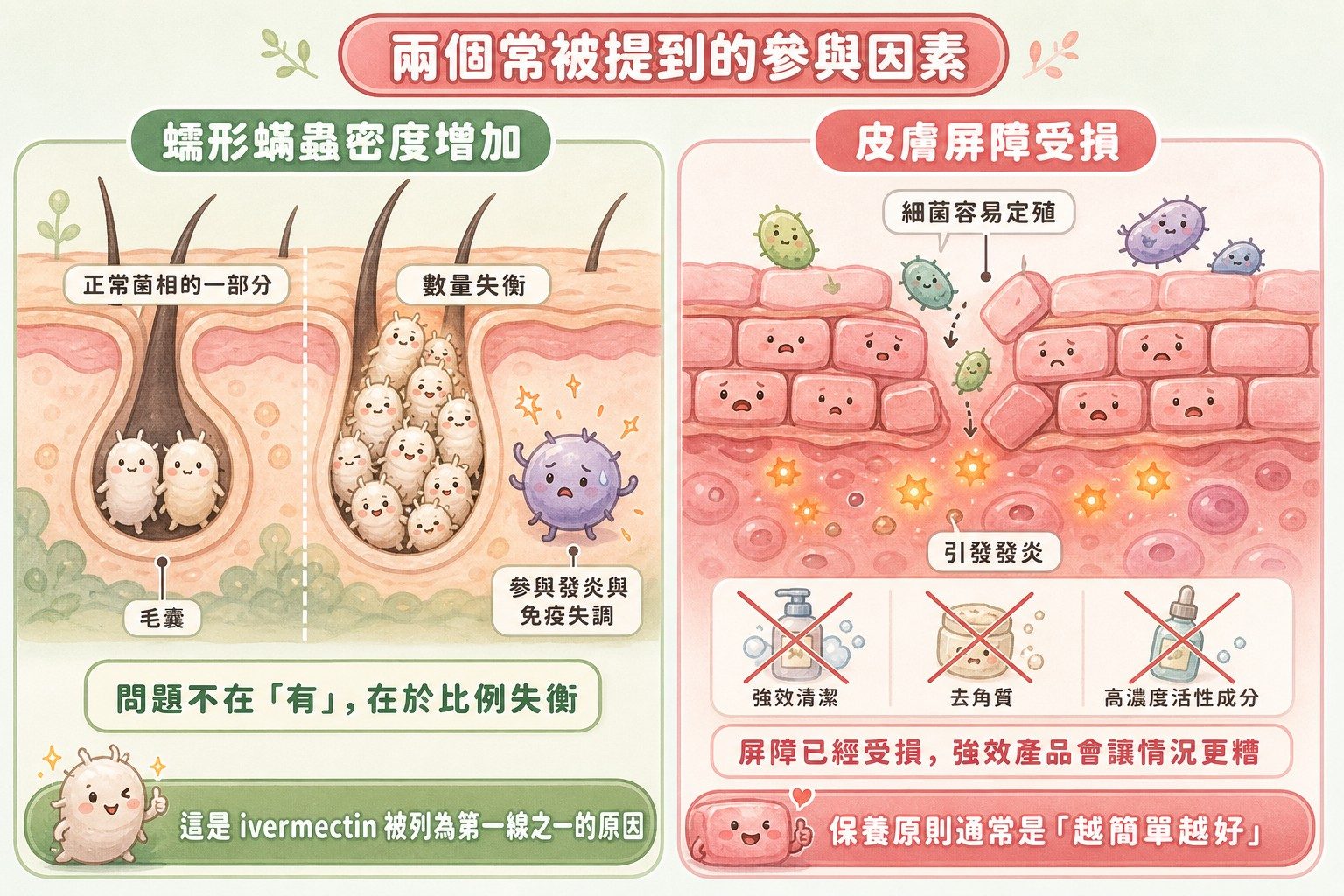 酒糟的兩個參與因素:蠕形蟎蟲密度增加與皮膚屏障受損
